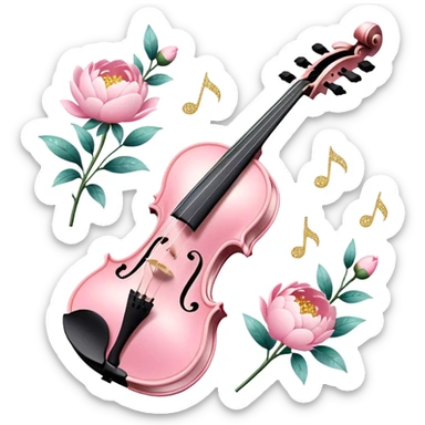 Iridescent soft pastel pink roamin romantic violin with peonies and glitter sticker