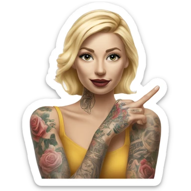 Blonde elegant women, her Body Covered with Tattoos, POINTING YOU FORWARD with her HAND with INDEX FINGER, Hyper realistic sticker