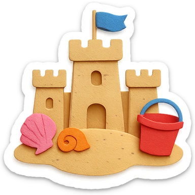 sand castle with seashells and a small bucket, bright colors, paper-craft style sticker