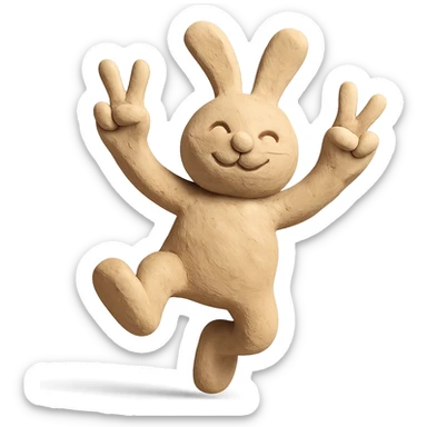 beige bunny jumping and making peace signs, matte plasticine claymation style with visible fingerprints sticker