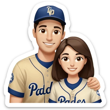 White Smiling couple. Woman has big cheeks and a lot of freckles on the nose. long brown hair. Man has black and very short hair and prominent eyebrows with egipcian nose. Both are wearing “Los Padres” baseball jerseys and with a sign that says “Go Padres!” sticker