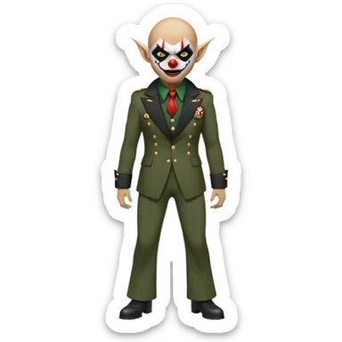 evil clown, bald, small black satan horns on forehead, fangs, pointed ears, eye patch over one eye, black and military green leisure suit with bellbottom pants, realistically proportioned, less bulky, full body, battle-ready fighting posture sticker