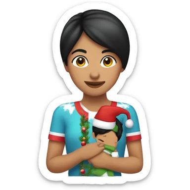 Hispanic female with short black straight hair holding little boys hand at Christmas parade  sticker