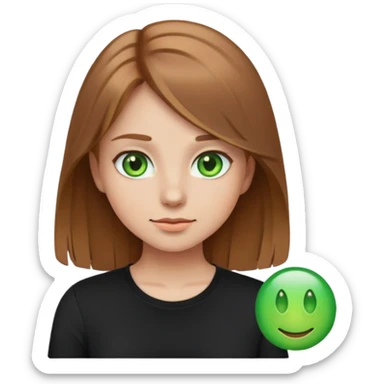 Girl emoji with a light brown, long hair and green eyes and a black shirt sticker
