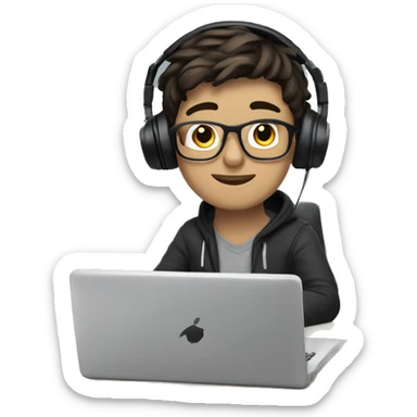 white boy with dark hair and glasses wearing gaming headset and sitting at desk on desktop computer   sticker
