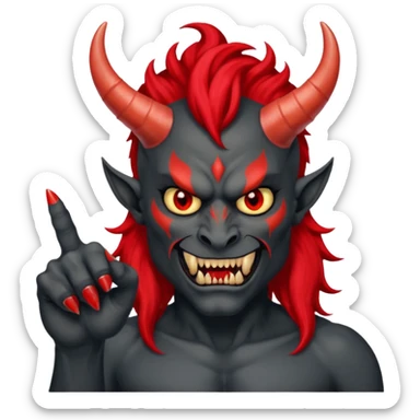 демон с чёрной как уголь кожей, красными клыками, двумя красными рогами торчащими у него изо лба, красной гривой и глазами показывает пальцем в нас sticker