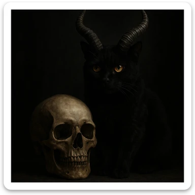 A black cat with large, twisted demon horns, sitting next to a human skull, dark and atmospheric, moody and dramatic sticker