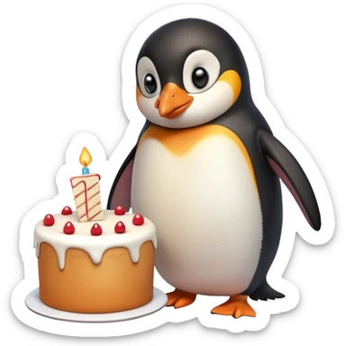 A penguin standing near a cake, feeling shy from a surprise celebration, portrait, bust up sticker