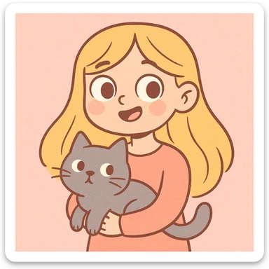 girl with long blond hair, brown eyes, and a grey cat, soft pastel cartoon style sticker