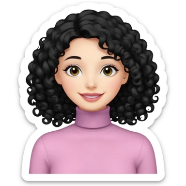 a woman with long sleeve turtle neck top and smile, her hair is long curly and the color is black, her eyes color are black and the color of her lip is soft pink sticker