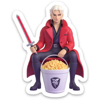 Dante from Devil May Cry sitting in a KFC bucket, red coat, white hair, rebellion sword sticker