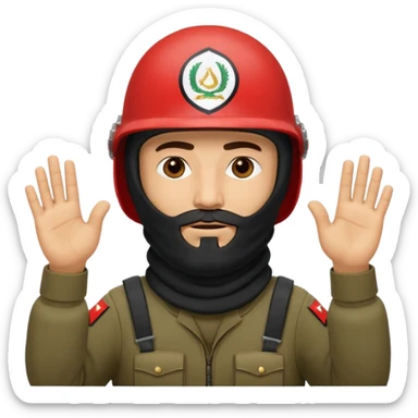 surrenders, depicts an Iraqi soldier from 1980, with a beard, in a helmet, with a balaclava, with a sad face and raised hands sticker
