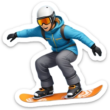 An icon showing a snowboarder performing an exciting jump on a snow-covered slope. The background features towering mountains, snow-covered trees, and a bright, clear sky. Transparent background highlights the speed, agility, and thrill of snowboarding. sticker