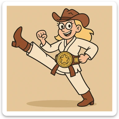 Add a large, shiny championship belt around her waist, making it prominent and detailed, in the same flat toon style. sticker
