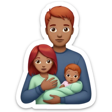 Mom with red hair holding 6 month old daughter with light brown hair and dad standing next to them with dark brown hair and sticker