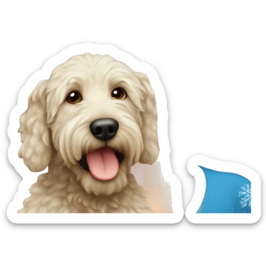 blonde blue eyed girl with her labradoodle on christmas sticker