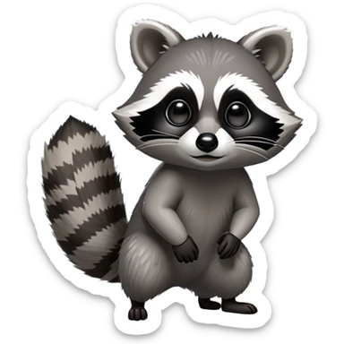 Cinematic-cute Raccoon-Realistic-hunched Full-Body on all fours-Emoji – Tail flicking lazily, head tilted dramatically, thick grey fur with a signature black mask, sharp and alert ears, simplified yet realistic focused features, highly detailed, glowing with an almost sarcastic glow. big black eyes sticker