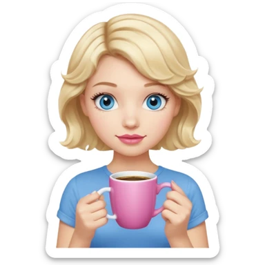 Girl Blonde short wavy hair,  blue eyes, cute blue top, long lashes, pink lips, holding coffee mug sticker