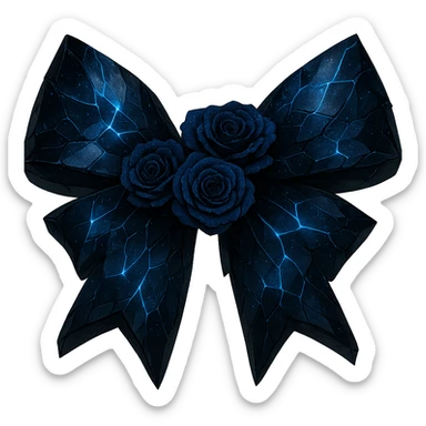 Remove the silver crescent moon from the gothic bow with splintered deep blue glass, midnight blue roses, holographic stardust, neon lightning, and a wet look. Keep the background transparent. sticker