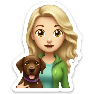 chubby girl with blond highlights in hair and green eyes walking a chocolate labrador sticker