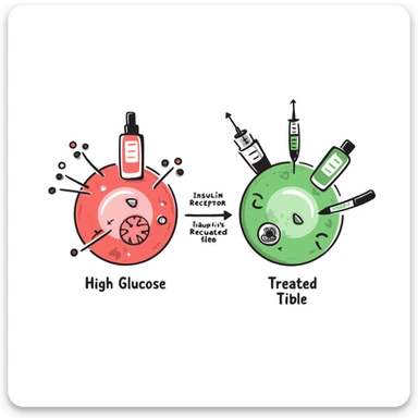 Anti-diabetic treatment visualization: hand-drawn diagram comparing high glucose state (red side) versus treated state (green side) with medication symbols, insulin receptors, and cellular glucose uptake. Colorful educational illustration with before/after comparison and labeled components. sticker