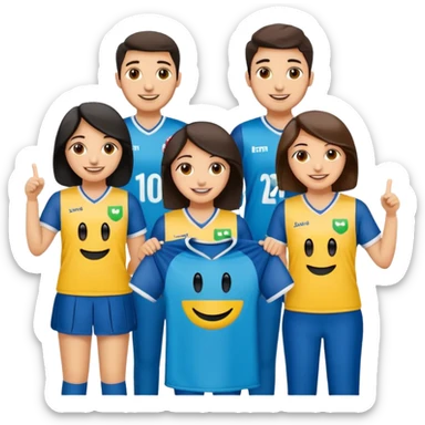Make 5 decent characters include 4 girls and 1 boy and mentioned there names on there jersey ist husna, tuba, maleeha,alishba and boy Talha also smiley.creat a sign board and a besties off UOM and the  sign board takes by boy in his hand sticker