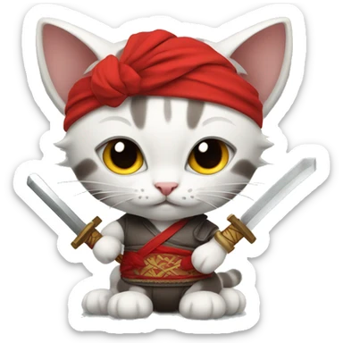 kitten wielding a katana and wearing a red headband  sticker