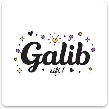 Galib in elegant cursive and bold mix, dreamy purple blue gold gradient, surrounded by sparkles, hearts, stars, and aesthetic emojis, romantic luxurious whimsical nameplate sticker