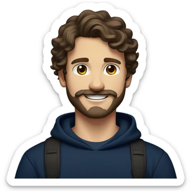 White boy with dark brown medium length wavy hair and a beard and mustache and the prettiest hazel eyes in a navy sweatshirt smiling arms crossed sticker