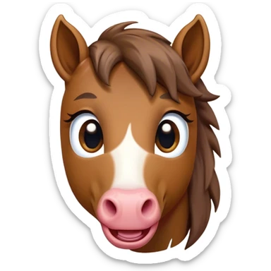 Cinematic Comical Brown Welsh Pony Portrait Emoji, Head tilted dramatically with an exaggeratedly amused expression, featuring a robust, glossy brown color, wide, comically expressive eyes full of playful disbelief, and a subtly animated, perky head, Simplified yet hilariously expressive features, highly detailed, glowing with a slightly sassy earthy glow, high shine, dramatic yet playful, stylized with an air of cheeky equine mischief, soft glowing outline, capturing the essence of a meme-worthy brown Welsh pony that looks ready to trot its way into viral fame! sticker