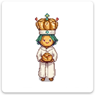 Portrait of the same baker character in every level, realistic skeuomorphism style, consistent lighting and pose, transcendent baker with infinite bread crown, robes woven from light and shadow, divine aura radiating sticker
