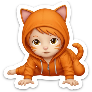 little kid Toddler in orange cat hoodie, crawling pose sticker
