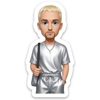 Eminem with blue eyes, blonde short hair, white metallic t-shirt, light grey metallic baggy pants, silver necklace sticker