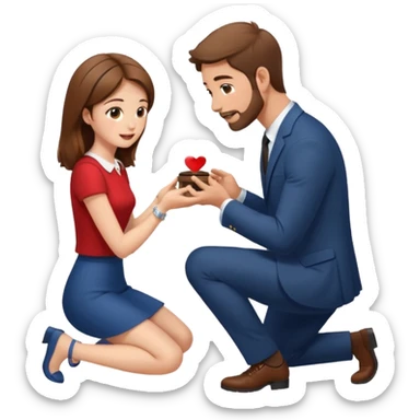 A brown haired man with a short beard proposing to a brown haired girl with a ring box sticker