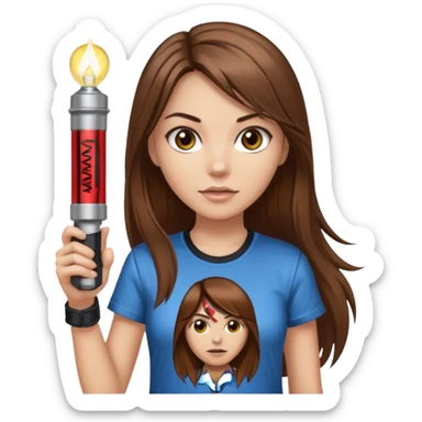 a female with long straight brown hair and brown eyes wearing a iron maiden shirt holding a flashlight  sticker