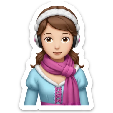 Victorian ice skater in a long dress. She is wearimg a scarf and earmuffs. She has brown hair. sticker