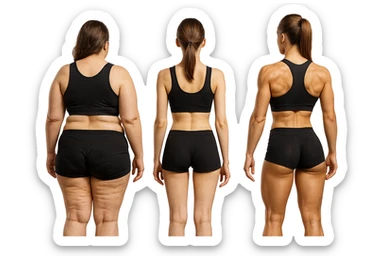 fai una donna di spalle in gym shorts leggermente sovrappeso e con cellulite e accanto una seconda donna di spalle magra (che è dimagrita post dieta) e accanto una terza donna in forma allenata e con le giuste proporzioni, l'immagine deve rappresentare il processo: da donna grassa, a donna piatta e magra, a donna allenata e in forma con i giusti muscoli, iperrealistico 4k sticker