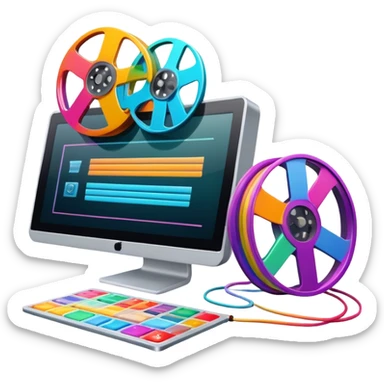 a vibrant and modern icon representing Animation and Motion Design, featuring elements like a film reel, a computer screen displaying animation, dynamic motion lines, and a cinematographic film strip on an editing table. colorful, and dynamic, without any emojis. The background  transparent. sticker