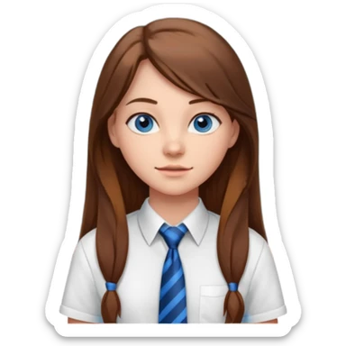 high school class room with a blackboard, with a pretty female high school student with long brown hair, blue eyes, wearing a tie sticker