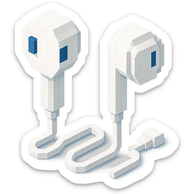 white Apple EarPods, isometric view, voxel style sticker