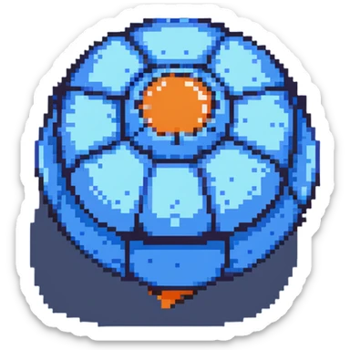Blue digital bomb with curly blue fuse on top, round bomb body with blue highlights and details, pixel art style sticker