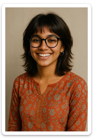 a 19-year-old girl with tan skin, shoulder-length wolfcut hair dark brown with hazel highlights, black bowline glasses, silver hoop earrings, wearing a kurti, smiling, casual pose sticker