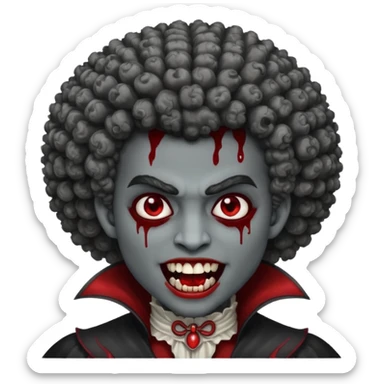 vampire with grey skin, fanged teeth, blood on face and a curly Afro sticker