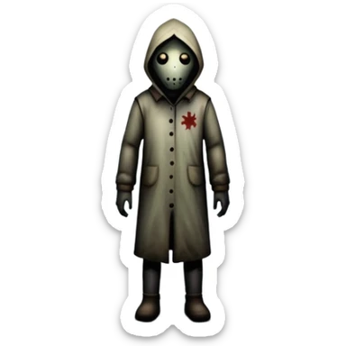An icon representing a horror game, inspired by Silent Hill 2. The design features a foggy, eerie street with a shadowy figure in the distance. Creepy, dim lighting and dark, abandoned buildings set the tense atmosphere. Transparent background enhances the unsettling mood. sticker