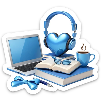 A collection of cute, glossy, metallic blue-themed objects like a heart, headphones, coffee cup, books, bow, pen, and a laptop — arranged on a white background, 3D style with soft reflections and shadows, minimal and modern aesthetic. sticker