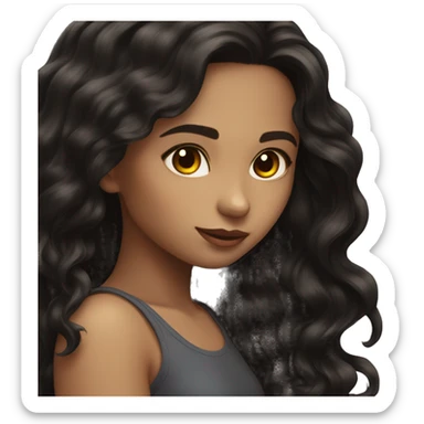 Long Black wavy hair girl dark dark brown eyes and hazel in sun sticker