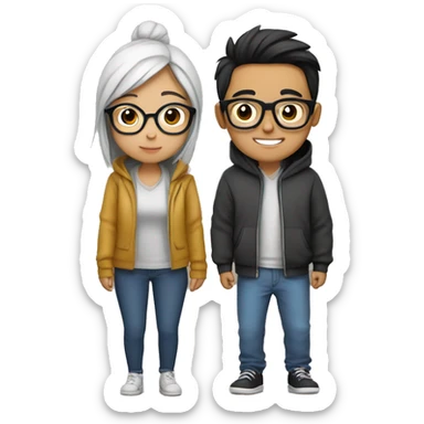 asian girl with glasses couple with mexican guy with glasses in hoodies cozy sticker