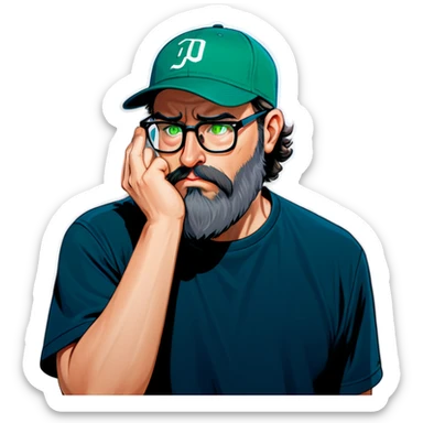 A man with a grey baseball cap, green eyes, big dark brown beard and glasses, facepalm sticker