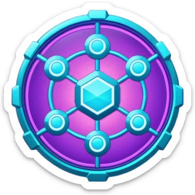 Futuristic blockchain node badge icon, circular emblem with interconnected glowing nodes, all nodes softly illuminated, neon cyan and violet gradient, sci-fi web3 game UI style, metallic rim, dark background, 3D polished game asset, sharp and high detail, centered composition sticker