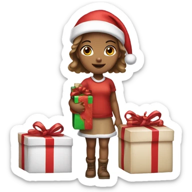 girl with light brownish skin wearing santa hat and holding presents sticker